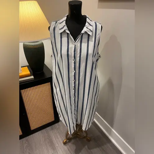 Prelude Linen Blend Striped Knee/Midi Length Button Front Shift Dress Size XL White