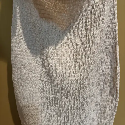 Mable Smocked Midi Dress Small Beige Floral Tie Shoulder Cutout Ruffle Hem Tan