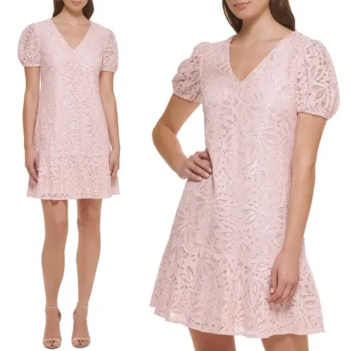 Kensie  Blush Pink Lace Puff-Sleeve Flutter-Hem Shift Mini Dress