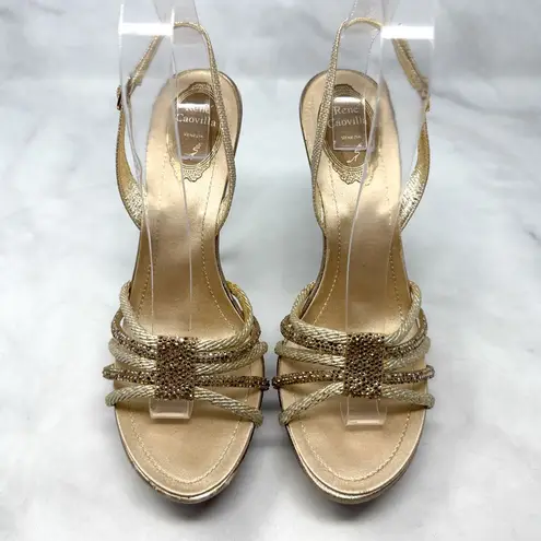 Rene Caovilla Silk Rhinestone Embellished Strappy Slingback Platform Sandal Heel Tan Size 9