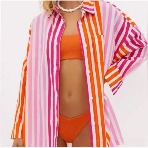 Beach Riot Alexa Top in Sunset Stripes Pink Orange Button Up