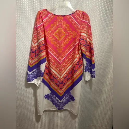 Peach Love California Boho Scarf Print Dress Large Pink Orange Purple