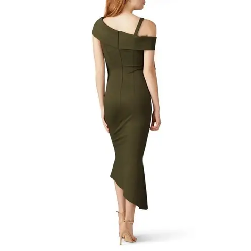 Elliatt Platform Asymmetrical Olive Green One Shoulder Ruffle Midi Dress Size M