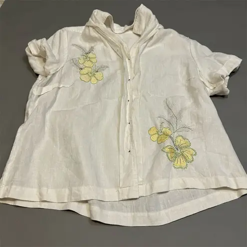 JM Collection Women's Floral Linen Embroidered Button-Up Shirt Size 12