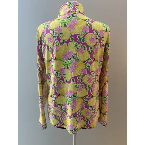 IBKUL Calista Hot Pink 1/4 Zip Shirt Large Yellow Lemons Mesh Long Sleeve UPF50+