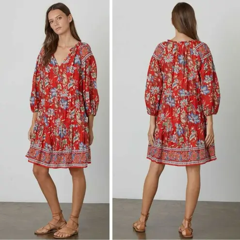 Velvet Lilah Dress in Rouge Medium Bohemian Indian Cotton 70s Floral Summer Red