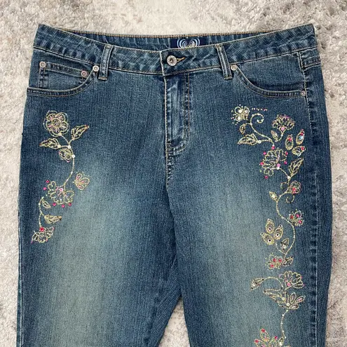 Angels Vintage Y2K 90s Floral Stitchwork Sequin High Rise Flare Leg Petite Jeans