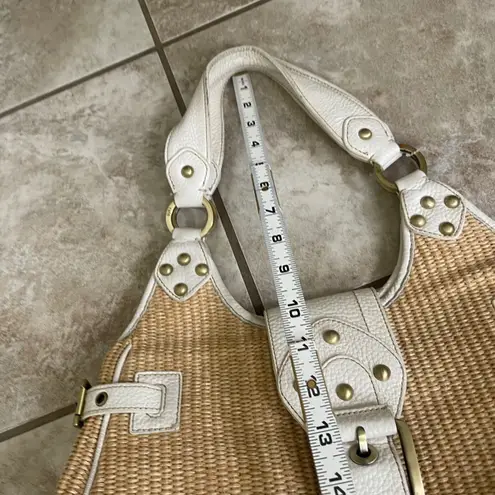 Rafe Woven Straw Hobo Bag White Leather Trim Studded Accents Cute Chic Purse Tan