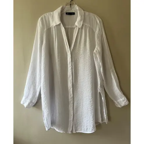 INC Sz L White Button Up Tunic Semi Sheer Cover Up Long Sleeves Dress Shirt Size L