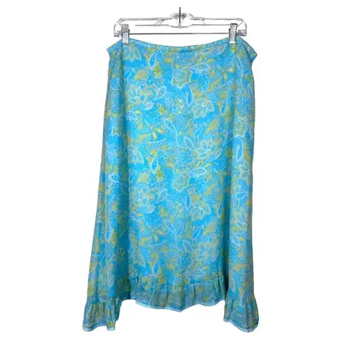 Oscar de la Renta Vtg Skirt 100% Silk Y2K Floral Ruffle Hem Women 16 Blue Green