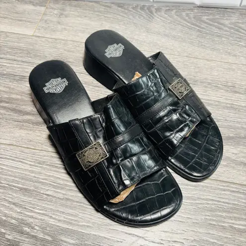 Harley Davidson Vintage Black Leather Croc Embossed Sandals Heeled Mules size 7