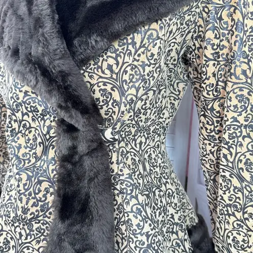 Newport News Vintage Embossed Faux Fir Trim Leather Princess Swing Coat Small