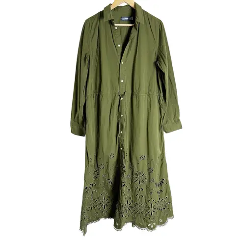 Polo Ralph Lauren Jessica Day Green Cotton Eyelet Drawstring Midi Shirt Dress 14