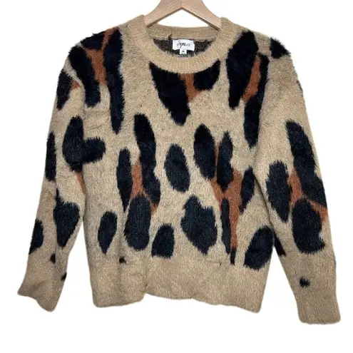 Evereve Harley Pullover Taupe Leopard Print Fuzzy Knit Relaxed Sweater Size XS