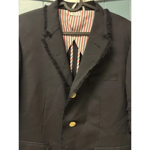 Thom Browne Navy Blazer Jacket Fringe Trimmed Gold Buttons Designer size 2