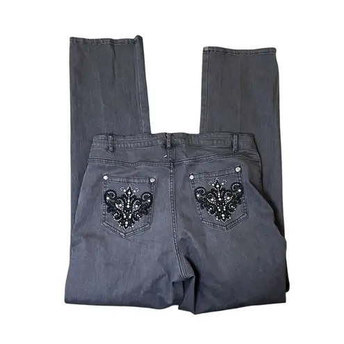 Y2K City Girl Nancy Bolen Straight Leg Jeans Embellished Fleur de Lis Gray 12