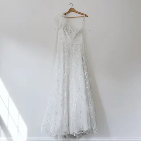 Mac Duggal Sheer Hand Embellished Tulle Overlay One Shoulder A Line 20389 Dress