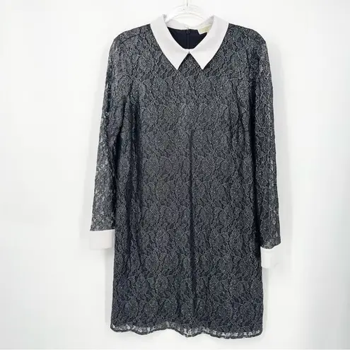 Michael Kors Floral Silver Metallic Lace Shift Shirt Mini Dress Size 12 Black