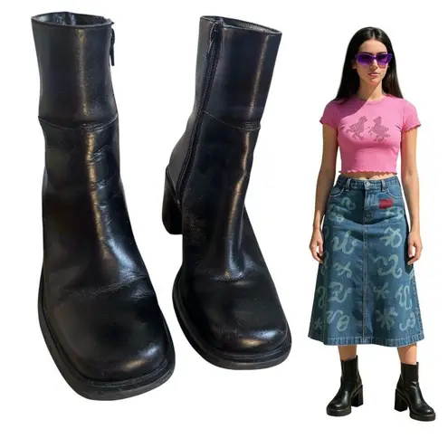 Vintage 90s Y2K Chunky Black Leather Boots Made in Brazil Size 6