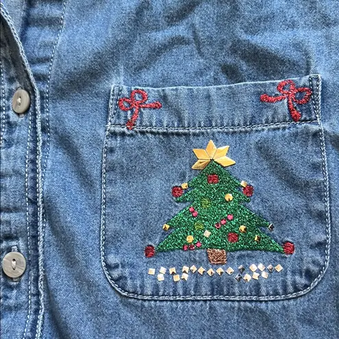 Vintage 90s Bobbie Brooks Denim Christmas Button Down Top Size 14W