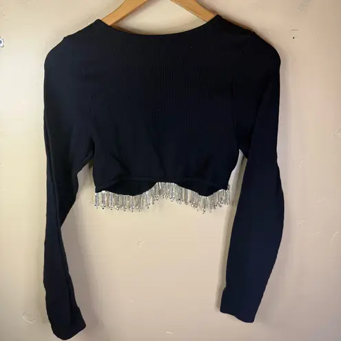 Sincerely Jules Size XL Ribbed Knit Crop Top Embellished Jewels LS Black Silver