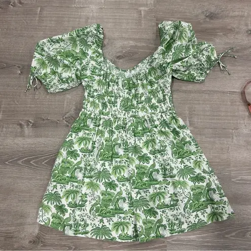 STAUD Faye Puff Sleeve Clove Toile Green Mini Dress Size L