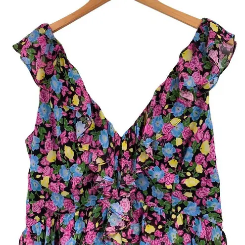 Amur EVITA Multicolor Floral Silk Chiffon Ruffle Maxi Dress Size 16 Blue