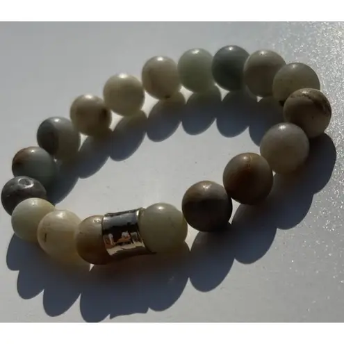 Jade MultiColor Jade Gray Cream Brown Stone Round Bead Bracelet Size 6.5 Green