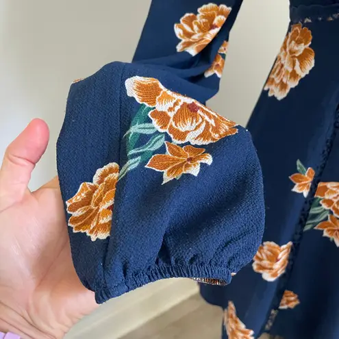 onetheland Floral Mini Dress Small Long Sleeve Navy Orange Lace Trim VNeck Boho Bloomcore