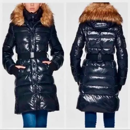 S13 New York Women's gloss chalet jet Puffer down & Feather Jacket Faux Fur Hood Black Size M