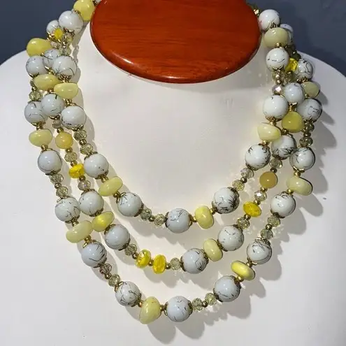 Summer Breeze 3 Strand Yellow & Spun gold in milk glass beads necklace