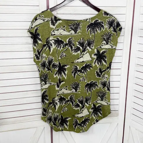 Tahari Tropical Island Print Linen Knit Cap Sleeve Tee Shirt Olive Green Small