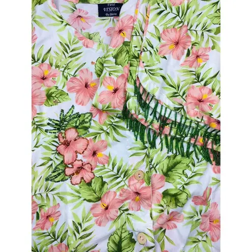 First Vision By Shirin Vintage First Vision Green & Pink Hibiscus Floral Tropical Sequin Pant Shirt Set