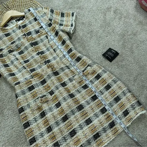 NWT Lulus Uniquely Posh Beige Tweed Sequin Lurex Short Sleeve Mini Dress Size L Gold Size L