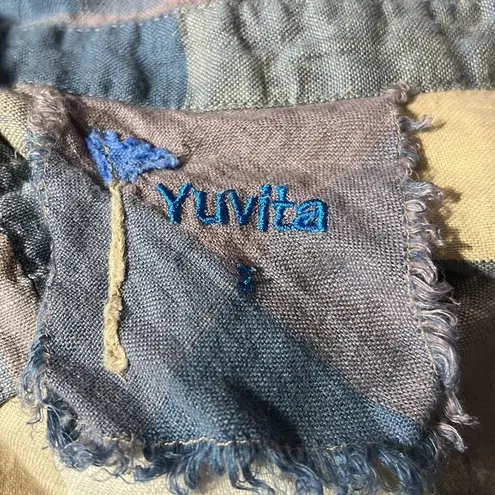 Yuvita Chambray Sleeveless Pintuck Plaid Linen Dress Lagenlook Blue Size S $148