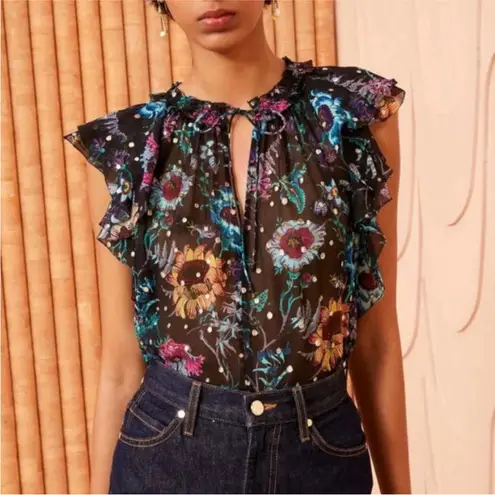 Ulla Johnson NEW Ulla Johnson Dominique Top Black Iris Floral Print Sheer Silk Blouse Size 6