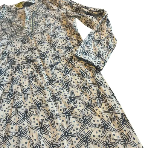 Sigrid Olsen  100% Cotton V-Neck Tunic Top Sequin Star Fish Long Sleeve Sz Medium