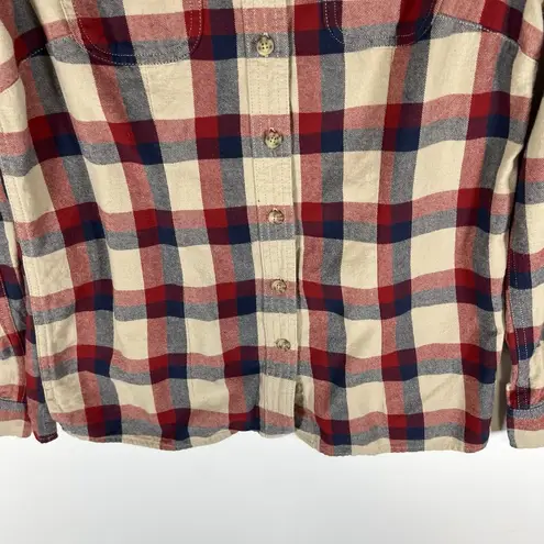 Duluth Trading Co Womens Size XS Red Cream Blue Cotton Plaid Button Down