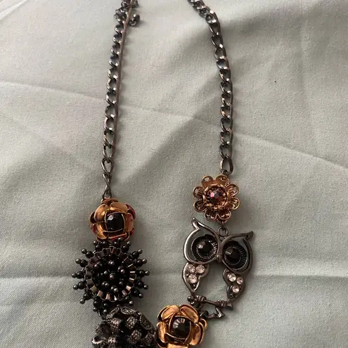 14” To 16” Vintage Choker Necklace Owl & Flower Attached Pendants Black