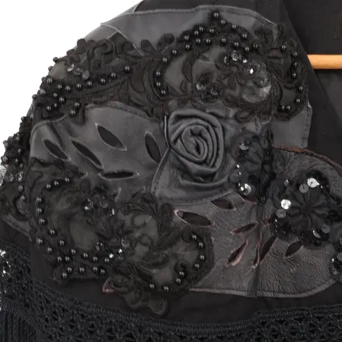 Vtg Shanna Beaded Sequin Fringe Blazer Western Boho Vegan Leather Size 44 US 10 Black