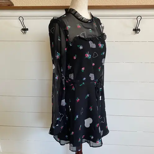 Avec Les Filles Printed Ruffled Fit & Flare Heart Sheer dress - S EUC