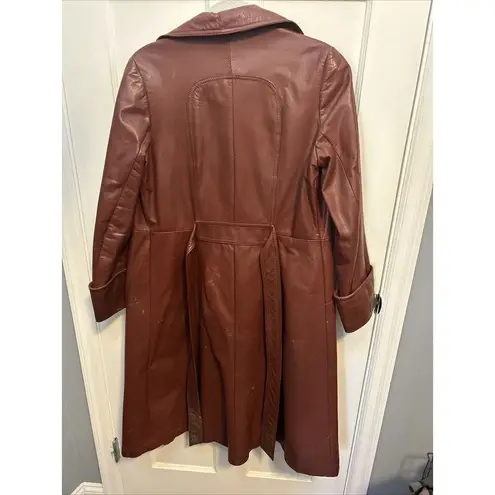 Vintage 100% Leather Red Belted Trench Coat Size 11/12 70s Burgundy