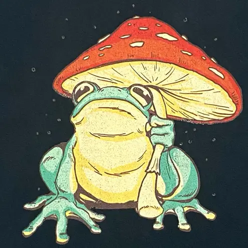 Retro Frog Under Mushroom Umbrella Baby Tee Black Women’s Medium Cottagecore