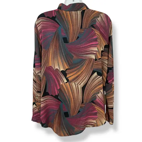 Vintage Blouse Graphic Pattern Handmade FLAWS Long Sleeve Fish Tail Secretary Brown Size M