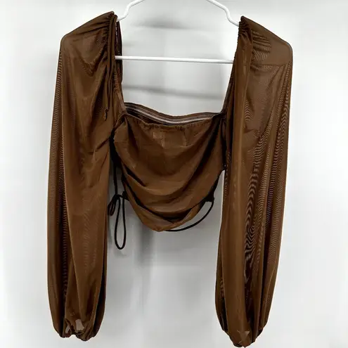 Princess Polly  Long Sleeve Crop Top Sheer Mesh Layered Pleated Brown 2