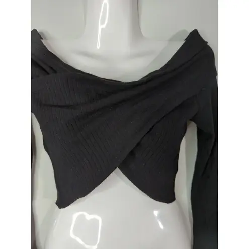 LNA Una Top Black Tencel Blend Ribbed Long Sleeve Wide Neck Cropped Top Size M