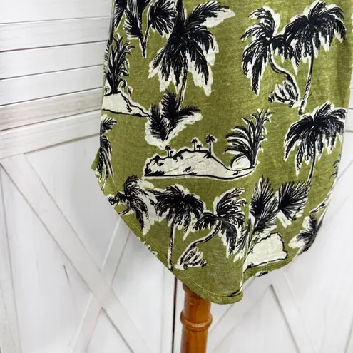 Tahari Tropical Island Print Linen Knit Cap Sleeve Tee Shirt Olive Green Small