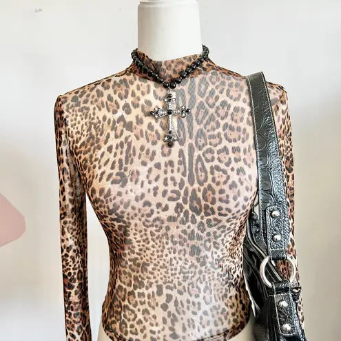 Mesh Leopard Print Top, Soft Grunge Indie Sleaze Mall‎ Goth 2000s Small Brown - Image 2