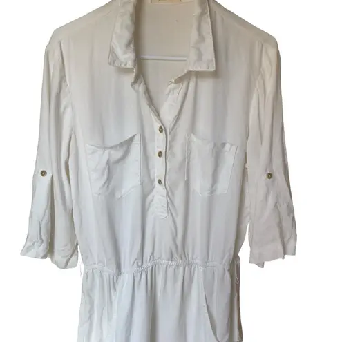 Bella Dahl White Collared Button Front Tunic Dress Pockets Casual Lounge L