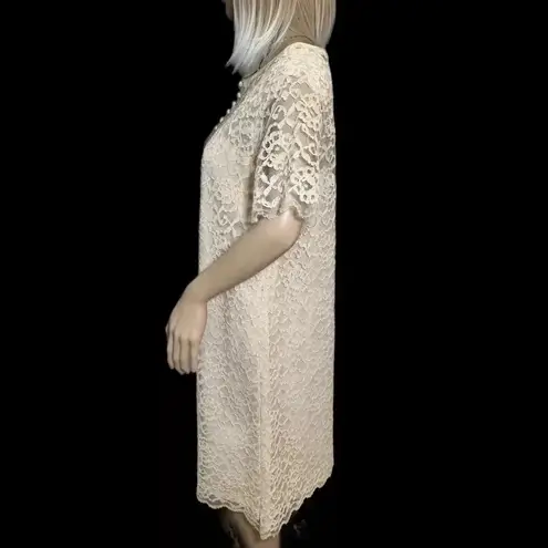 Vintage 60s Ivory Lace MOD Short Sleeve Dress Sz Small Summer Knee Length
